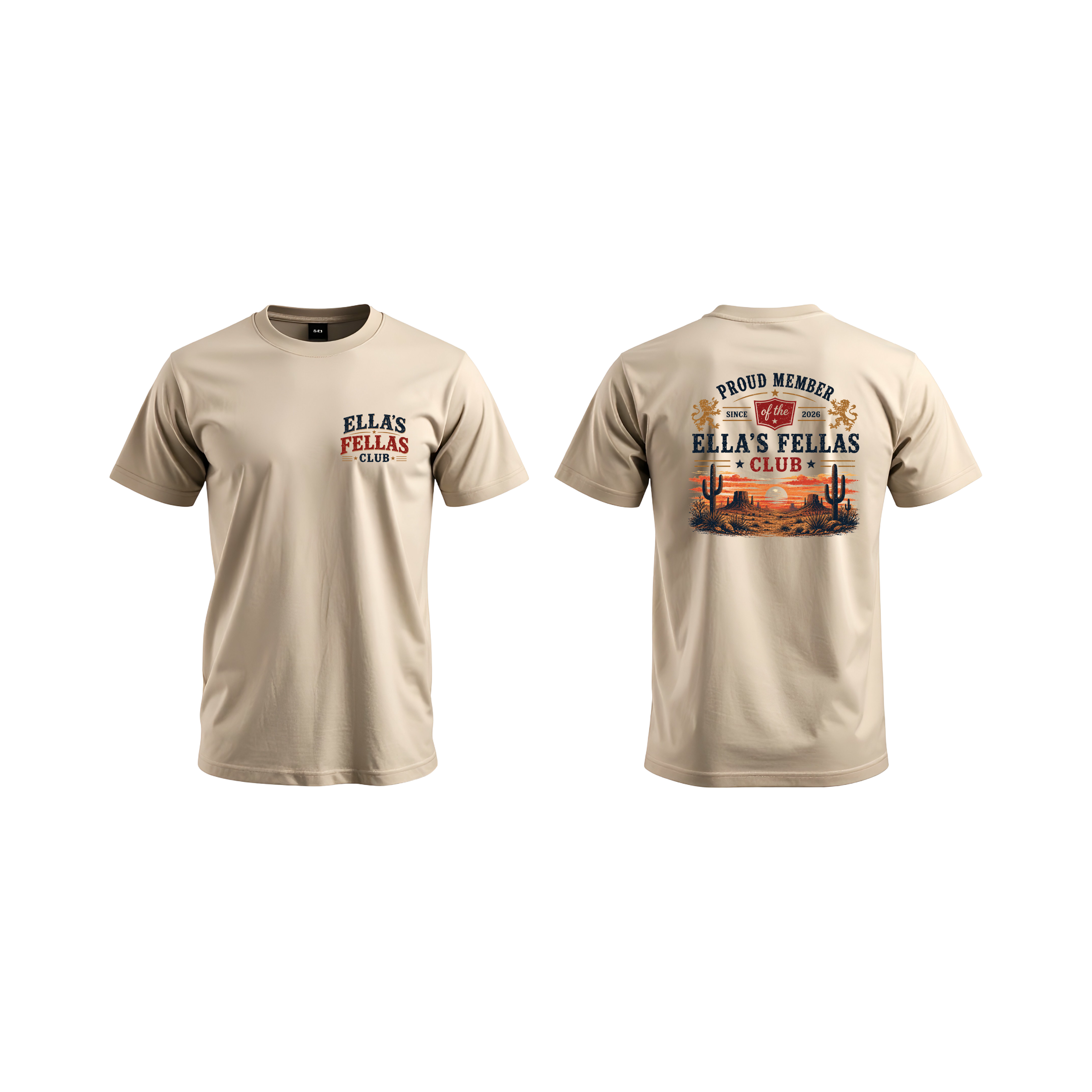 A beige short-sleeve t-shirt shown from both the front and back views. The front features a small red and black 'ELLA'S FELLAS CLUB' logo on the left chest.