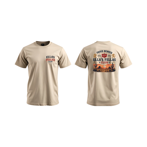 A beige short-sleeve t-shirt shown from both the front and back views. The front features a small red and black 'ELLA'S FELLAS CLUB' logo on the left chest.